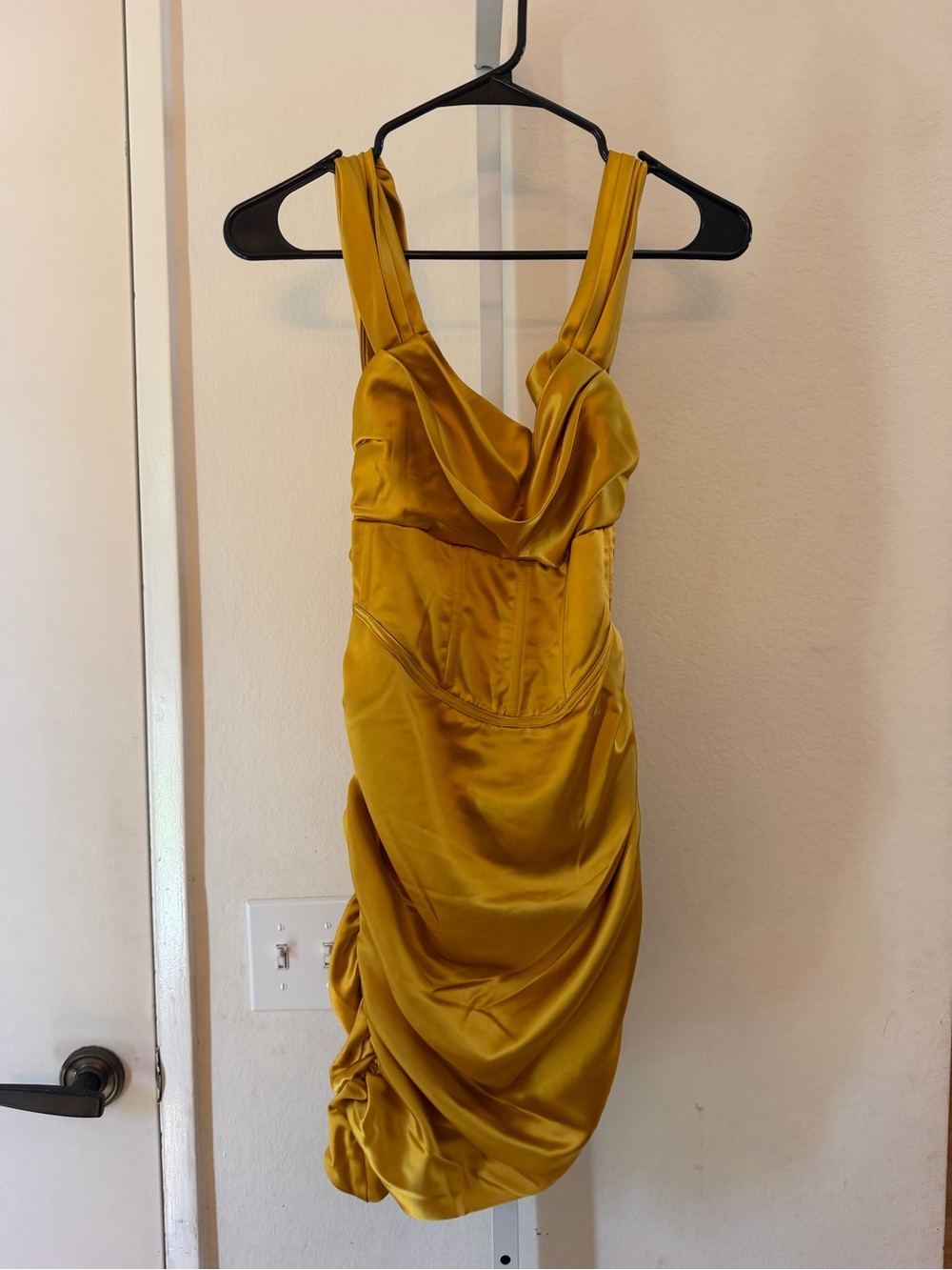 For Love & Lemons Mustard Satin Cowl Midi Dress